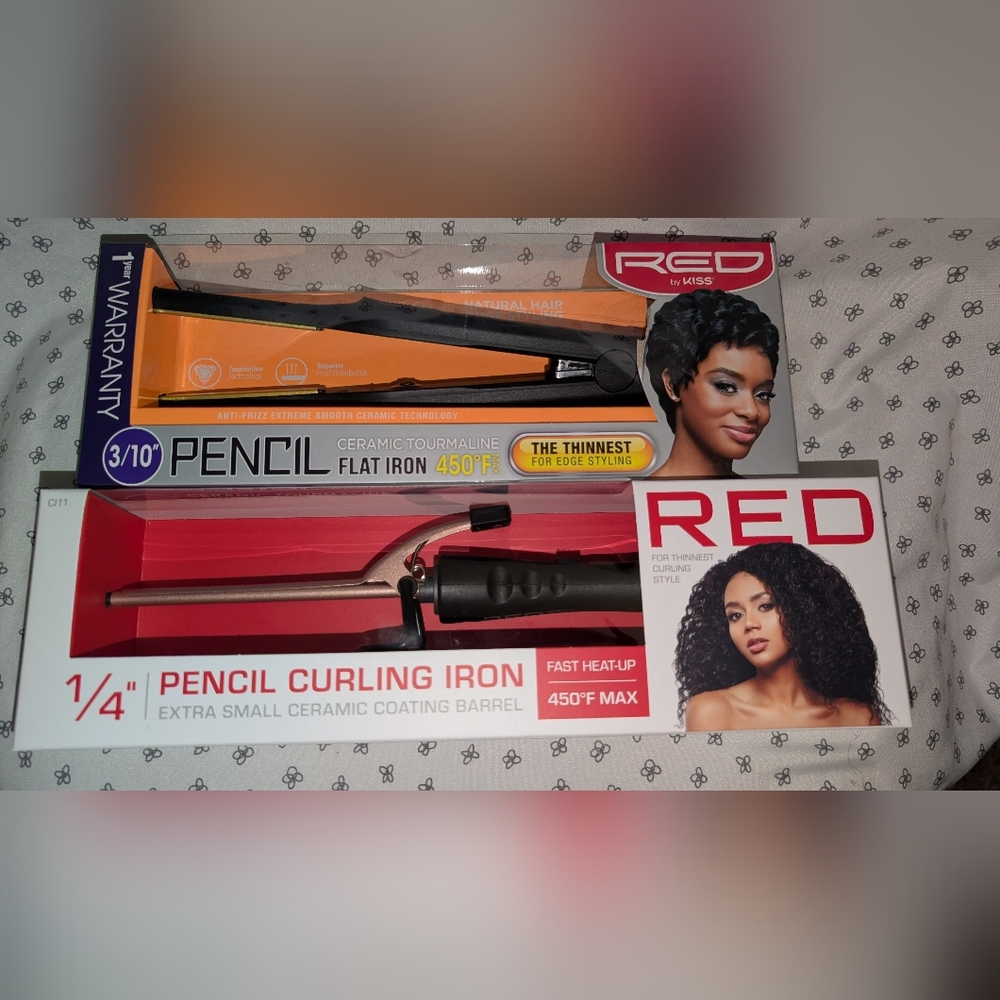 RED by Kiss Edge Styling Set Pencil Flat Iron + Pencil Curling Iron w/ 80 Clips